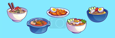 Korean traditional food collection. Cartoon vector illustration set of dinner meal in bowl and with chopsticks. Oriental cooked eating of soup and noodle, meat and eggs, vegetables and spice on plates