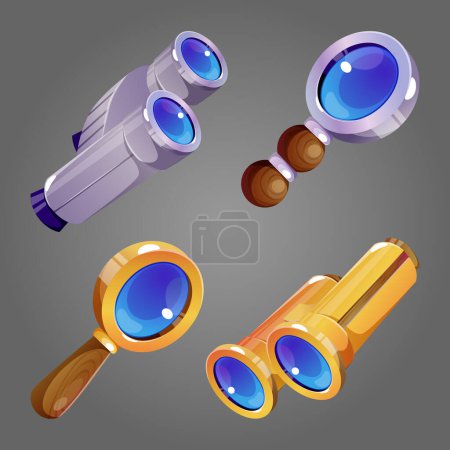 Magnifier glass and binocular cartoon vector set. Magnify tools for information search and science research. Enlarge, focus and analysis concept. Business vision and strategy or economics monitoring.