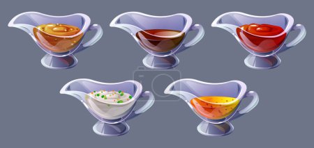 Dip sauce bowl set with mustard, mayonnaise, ketchup and cheese cream. Bbq and yogurt condiment dressing cartoon design. Different salad ingredient cup in menu. Yellow sour yoghurt and mayo for dish