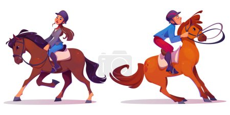Jinete masculino y femenino con casco y uniformes. Dibujos animados vector ilustración de la escuela ecuestre y el deporte de caballos de carreras conjunto con el hombre y la mujer jinete en el equipo de paseo en animal en silla de montar con brida