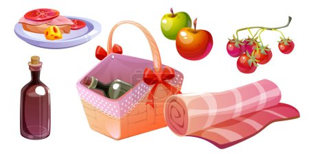 Picnic hamper basket with food, fruit and wine set. Summer camping snack or lunch with blanket, bread, cheese and vegetable.