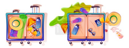 Open summer vacation suitcase top view isolated on white background. Vector cartoon illustration of baggage packed in order and mess, bikini swimsuit, straw hat, passport, sunscreen, beach sandals