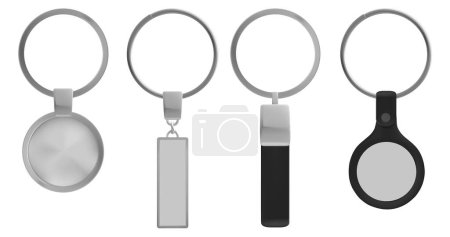Illustration for Silver blank key chair ring template vector design. Isolated metal keyring round mockup for branding, car lock or home. Rectangular empty frame tag and magnetic label for identity and advertising - Royalty Free Image