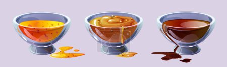 Dip Sauce in Glasschüssel zum Würzen mit Tropfen und Spritzern. Cartoon Vector Illustration Set würzige Würze mit verschütteten Tröpfchen - Behälter mit Dijon-Senf, Honig, Soja oder Schokolade Soße