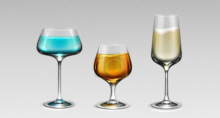 Realistic cocktail glass with alcohol drink transparent isolated vector. 3d whiskey, champagne, prosecco and wineglass illustration set. Party tableware for restaurant. Blue and orange beverage