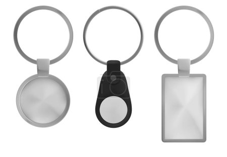 Silver blank key chair ring template vector design. Isolated metal keyring round mockup for branding, car lock or home. Rectangular empty frame tag and magnetic label for identity and advertising