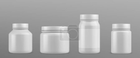 Plastic bottle for pills and supplements mockup. Realistic 3d vector set of white jar for medicine and vitamin with blank label. Template of round closed container pharmacy capsule, tablet or powder.