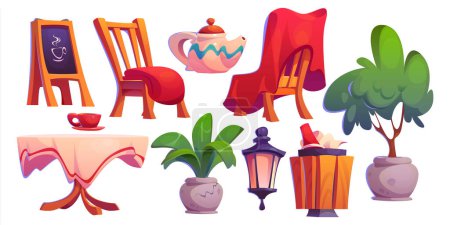 Illustration for Restaurant outside furniture and elements. Cartoon exterior cafeteria terrace objects. Street or park cafe table and chairs with plaid, chalkboard and plants in pot, lantern and teapot, trash can. - Royalty Free Image