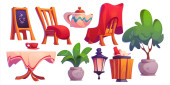 Restaurant outside furniture and elements. Cartoon exterior cafeteria terrace objects. Street or park cafe table and chairs with plaid, chalkboard and plants in pot, lantern and teapot, trash can. puzzle #712118456
