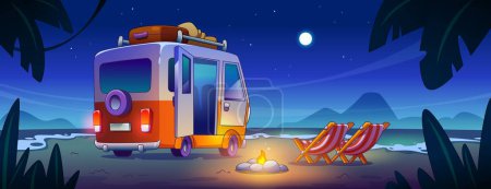 Night campfire on sea tropical coast with rv car. Camp motorhome journey to ocean in summer. Bonfire in wild summer scene design. Palm tree and stars in sky lifestyle vacation landscape panorama
