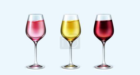 Wine glasses set isolated on white background. Vector realistic illustration of alcoholic beverages in transparent cups for drinks, juice and cocktails, restaurant menu icons, party design elements