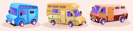 Camper van for family travel and outdoor recreation. Cartoon vector illustration set of various caravan rv trailer for summer camp holiday. Motorhome transport vehicle for nature tourism and journey.