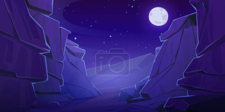 Illustration for Night landscape with cliff mountain canyon under starry sky with full moon light. Cartoon vector illustration of dark rocky scenery. Great ledge with dangerous precipice. Gap between high stone edges. - Royalty Free Image