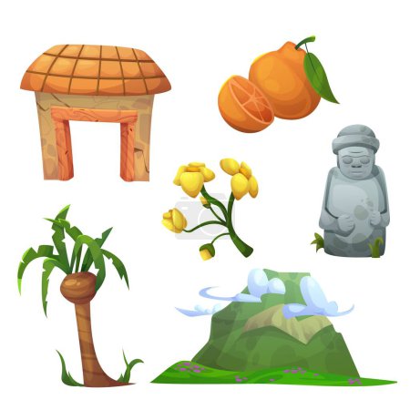 Jeju island traditional elements set. South Korea tourism city elements and culture symbols - orange tangerine and branch with flowers, palm tree and volcano mountain, stone statue dol hareubang