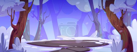 Stone round battleground arena or podium in winter snowy forest. Cartoon vector landscape with rock circular platform surrounded by trees and ground covered with snow. Battle arena or magic portal.