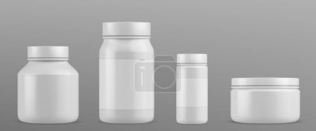Frasco de plástico para pastillas y suplementos maqueta. Realista 3d vector conjunto de frasco blanco para la medicina y la vitamina con etiqueta en blanco. Plantilla de cápsula de farmacia de envase cerrado redondo, tableta o polvo.