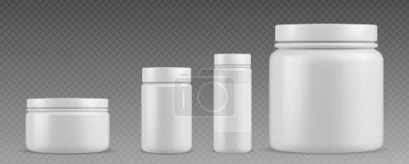 Weiße Plastiktablettenflasche für Vitaminergänzung. 3D leere Medikamentenbehälter Vektor-Attrappe. Medizinische Kapseln oder Pulver können mit leerem Etikett verschrieben werden. Realistischer Sportproteinkanister