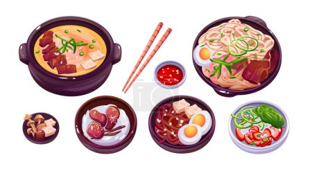 Nourriture traditionnelle coréenne isolée sur fond blanc. Illustration vectorielle de plats asiatiques avec viande épicée, ?ufs, légumes et nouilles dans des bols, baguettes en bois, icônes de menu de restaurant