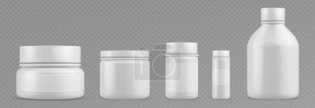 Plastic bottle for pills and supplements mockup. Realistic 3d vector set of white jar for medicine and vitamin with blank label. Template of round closed container pharmacy capsule, tablet or powder.