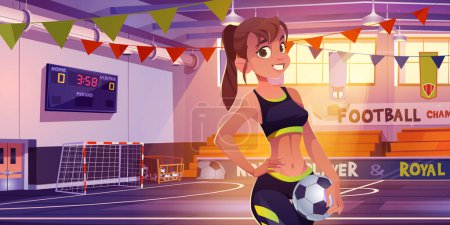 Illustration for Girl with ball in school court for soccer cartoon background. Indoor gym hall room with football playground interior and net gate. Tribune, scoreboard and window in university campus fitness area - Royalty Free Image