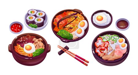 icône de la nourriture coréenne avec bibimbap et illustration de farine de riz asiatique. Plat de cuisine chinoise de nouilles pour tteokbokki ou délicieux ensemble de cuisine isolé gimbap. Rouleau de sushi chic avec sauce et bâton pour le déjeuner