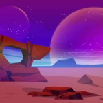 Alien planet background with rocky terrain. Vector cartoon illustration of space desert landscape with cracked stones, asteroid crater, stars sparkling in night sky, adventure travel game backdrop
