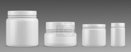 White plastic pill bottle for vitamin supplement. 3d blank medicine container vector mockup. Medical capsule or powder can design with empty label for prescription. Realistic sport protein canister
