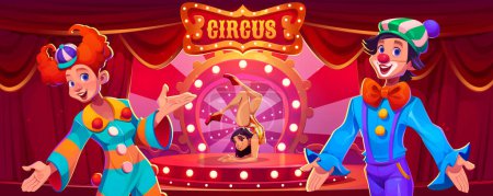 Zirkusartisten im Hintergrund der Arena. Vector-Cartoon-Illustration einer Turnerin im funkelnden Akrobatenkostüm, lustige Clowns in farbigen Kostümen, runde Konzertbühne mit roten Vorhängen