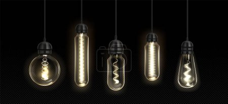 Illustration for Retro light bulb lamp. Vintage edison filament vector. Realistic electric led glass incandescent design with white glow hang on wire. 3d different saving power technology for trendy loft interior - Royalty Free Image