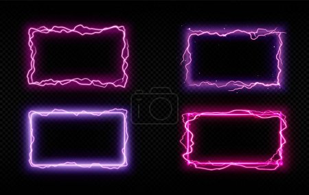 Pink rectangle lightning frame. Electric thunder energy glow. neon magic effect with plasma shock power on transparent background. Thunderbolt shock wave flare element with violet electro sparkle.