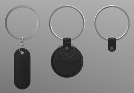Set of black leather keychains isolated on background. Vector realistic illustration of oval and round shape blank fob on silver metal ring, souvenir pendant mockup with space for branding, accessory
