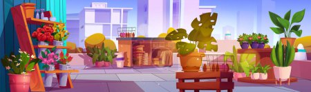 Rooftop garden on cityscape background. Vector cartoon illustration of terrace on top of modern skyscraper, green plants in pots, blooming flowers in metal buckets on wooden shelves, gardening hobby