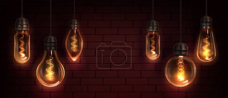 Illustration for Edison bulb light. Vintage realistic filament background. 3d led retro incandescent lightbulb on ceiling. Interior design with glowing pendant hanging on cable. Dark night brick wall with illumination - Royalty Free Image