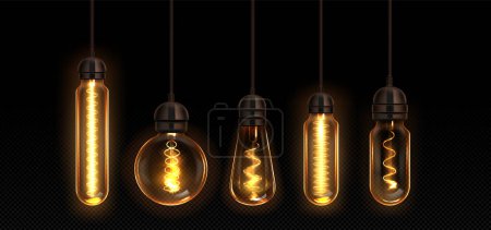 Illustration for Vintage light bulb hanging from ceiling. Dark brown edison lamp with glowing electric filament and glass lightbulb of different shape. Realistic 3d vector illustration of retro illumination decoration - Royalty Free Image