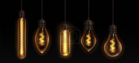 Illustration for Retro light bulb lamp. Vintage edison filament vector. Realistic electric led glass incandescent design with yellow glow hang on wire. 3d different saving power technology for trendy loft interior - Royalty Free Image