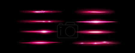 Pink light flare effect with magic lens sparkle shine. Flash glare glow with glitter on neon line vector. Abstract bright beam divider collection. Festive and glamour magenta border overlay asset