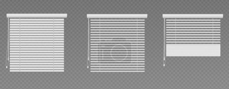 Venetian window curtain. Blind jalousie shutter isolated. White roller 3d mockup for home interior. Closed and open office plastic louver design set. Detail frame for sunshade with strings collection.