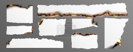 Illustration for Burning paper pieces set isolated on transparent background. Vector realistic illustration of blank pages with uneven black edges, destroyed by fire flame, scorched letter sheets, old parchment scrap - Royalty Free Image
