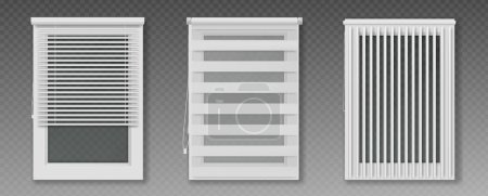 Window cover and shutter door for shop or office. Realistic blind roll jalousie white isolated 3d vector. Roller louver frame set for home interior. Venetian coverings shade with cord illustration