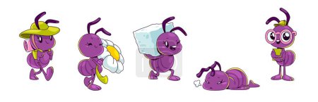 Illustration for Cute purple ant cartoon character in different poses. Comic vector set of insect tourist with backpack, tired or sad laying, carrying sugar cube and daisy flower, smart student with book in glasses. - Royalty Free Image