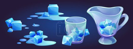 Ice cube fondre dans l'eau dessin animé icône illustration. Conteneur en verre pour glaçon carré congelé jeu de cliparts. Gobelet froid et tasse avec élément de flaque liquide de fusion. Expérience scientifique avec pièce de congélation
