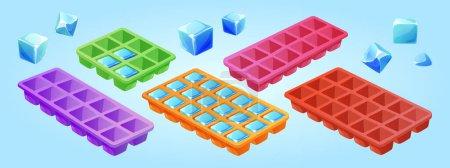 Illustration for Ice cube tray. Frozen water mold icon isolated. Square container for kitchen refrigerator clipart. Isometric form for freezing liquid drink. Icicle piece pack to refrigerate drawing graphic asset - Royalty Free Image