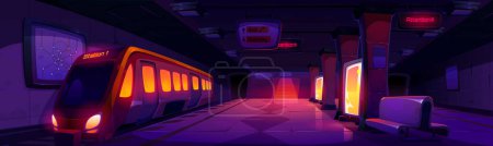 Ilustración de Estación de metro y tren en la plataforma ferroviaria por la noche. Subterráneo sala de metro interior fondo de dibujos animados. El transporte público y la publicidad de neón brillan. Infraestructura ferroviaria de túneles metropolitanos - Imagen libre de derechos