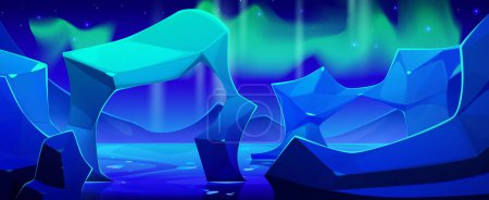 Aurore boréale. Paysage vectoriel boréal polaire nocturne arctique. North winter and iceberg glacier abstract cartoon background. Arc de glace en milieu marin de Lofoten. Ciel étoilé sur la scène du fjord