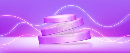 Floating podium with neon decorative wave elements. Realistic 3d vector illustration of flying in air three parts cylinder product platform or stage with light glow effect. Pedestal for goods display.