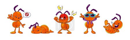 Illustration for Cute ant cartoon character in different poses and face emotions. Comic vector funny brown insect with stop gesture, tired or sad laying on floor, angry with lightnings and laughing, cool in glasses - Royalty Free Image