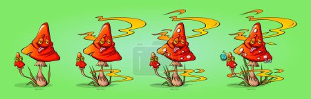 Trippy psychedelic mushroom art vector illustration. Magic groovy psilocybin drawing. Vintage 70s fantasy and hallucination fungus design. 1960s crazy fluorescent mascot set. Drug plant in acid dream