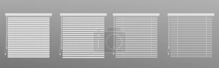 Open and closed window blinds animation set isolated on gray background. Vector realistic illustration of horizontal white shutters, jalousie shade for home, office interior, metal sunshade collection