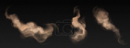 Brown dust clouds set isolated on transparent background. Vector realistic illustration of desert sandstorm effect, dirty smoke explosion with mud particles, sandy smog haze, dry soil splatter
