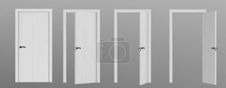 3d open and close white house or room door frame. Realistic ajar office front doorway isolated vector. Closed welcome gate. Shut entrance with handle for living apartment sequence for animation